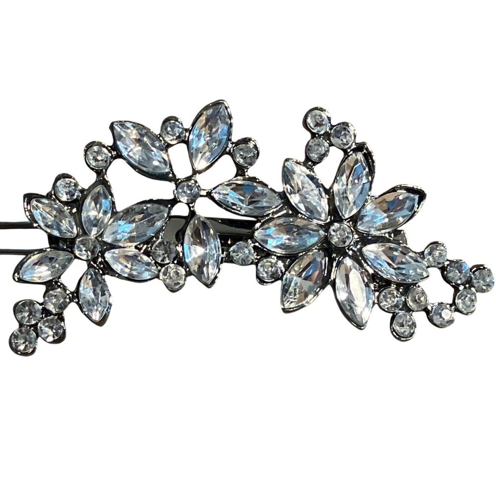 CrFlower Hair Clip W/ Rhinestone Detailing For Women Silver Tone Finish